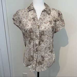 Romantic Cream & Brown Capped Sleeve Blouse Large -pic doesn’t do Justice